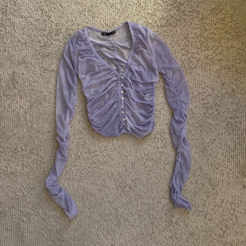 Zara Lavender Mesh Ruched Long Sleeve Top